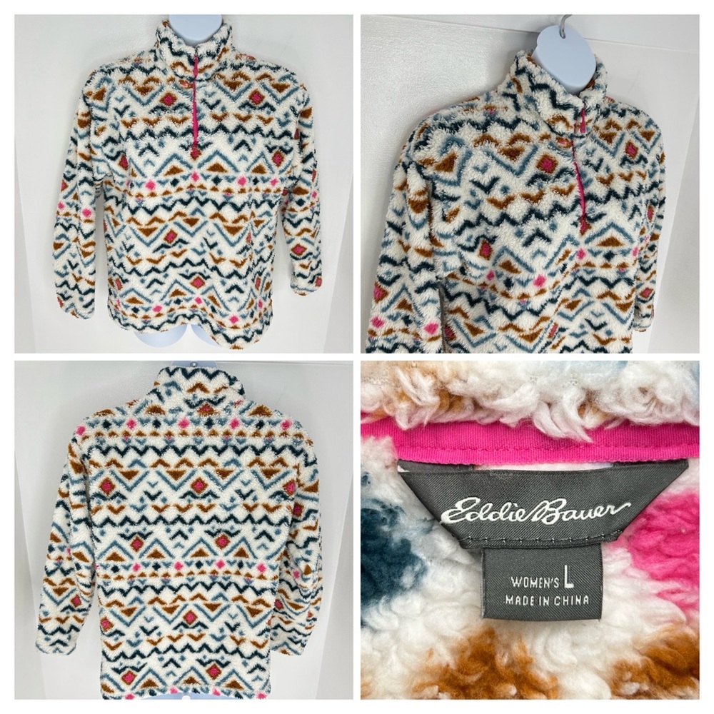 Eddie Bauer Tribal Aztec Fuzzy Sherpa Pullover 1/4 Zip Jacket Size Large Cozy‎